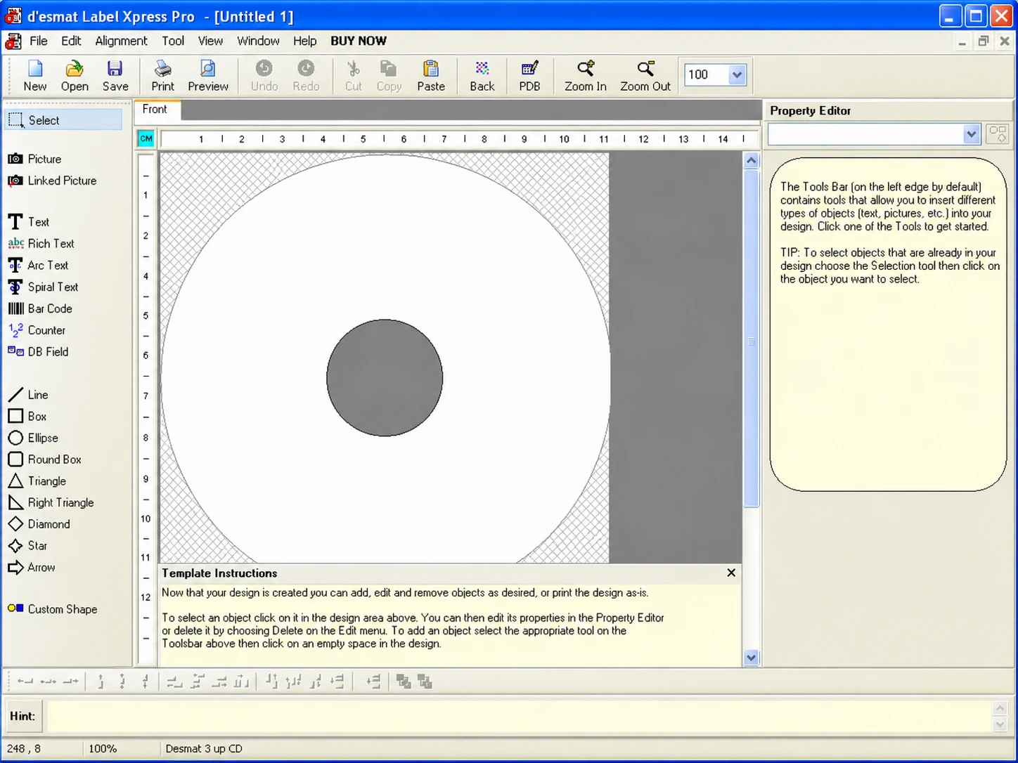 The LabelXpress Pro workspace on a Desmat 3-up CD layout, with the design tools listed down the left