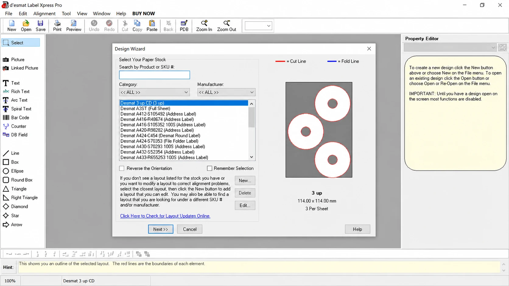 The LabelXpress Pro Design Wizard, listing Desmat label stocks with a 3-up CD layout selected and previewed