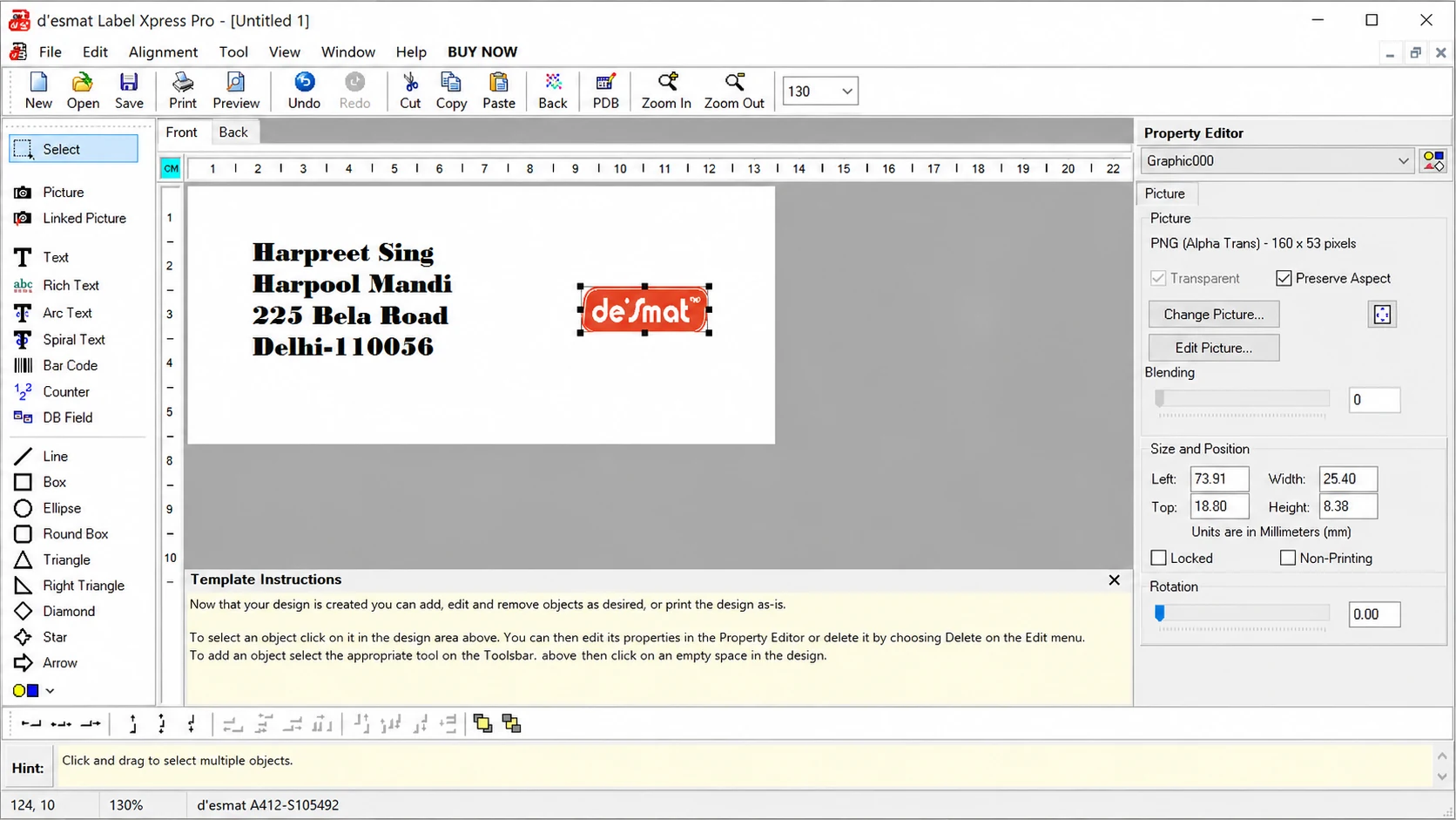 The LabelXpress Pro design workspace, with an address label on the canvas and the Property Editor beside it