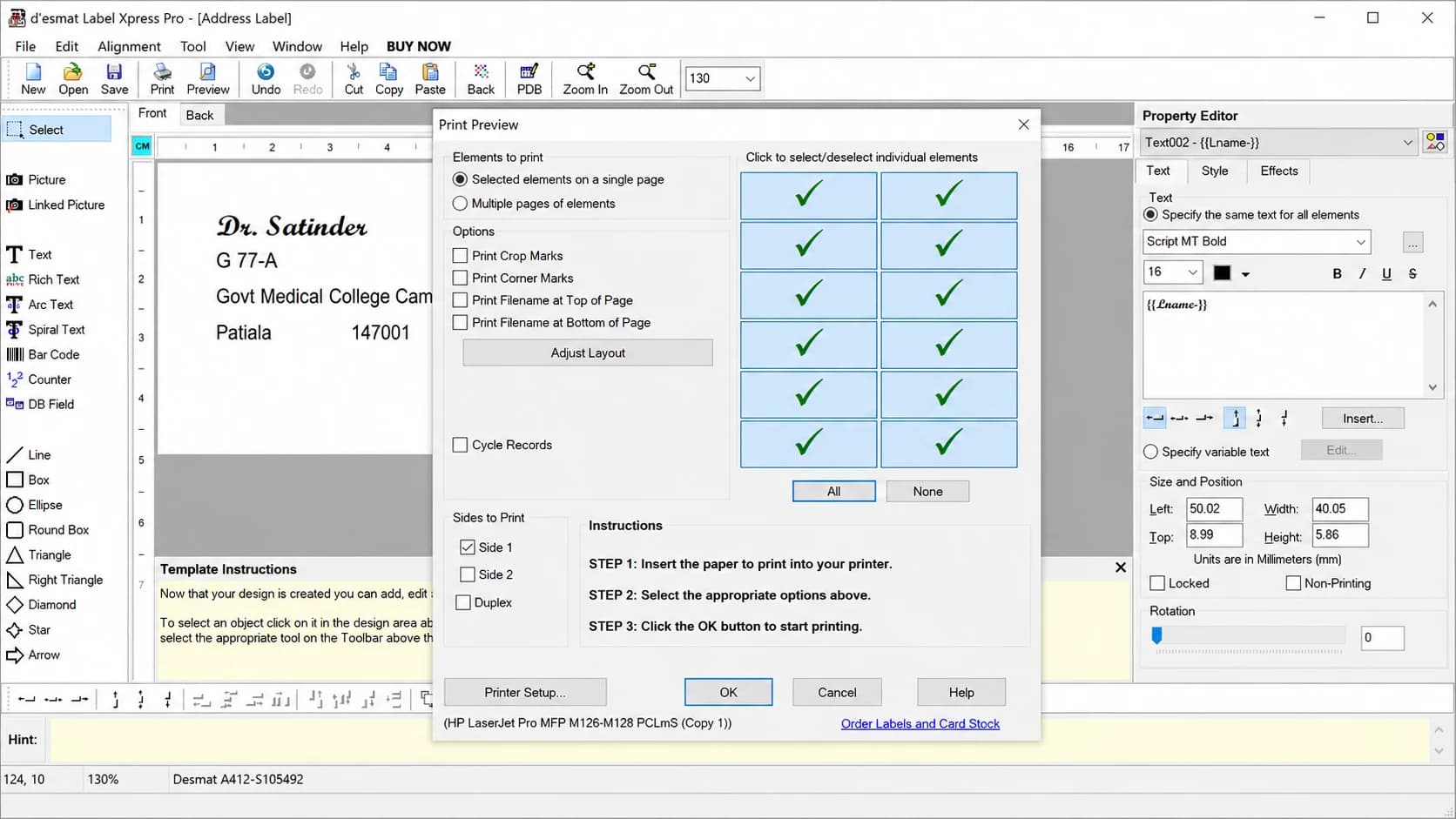The LabelXpress Pro Print Preview dialog, with every label on the sheet ticked to print